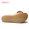 Aphixta Flower Wedge Heels Slippers Women 9cm Cow Suede Bow Women Mulers Female 4cm Platform Sandals Clog Shoes Slides Women
