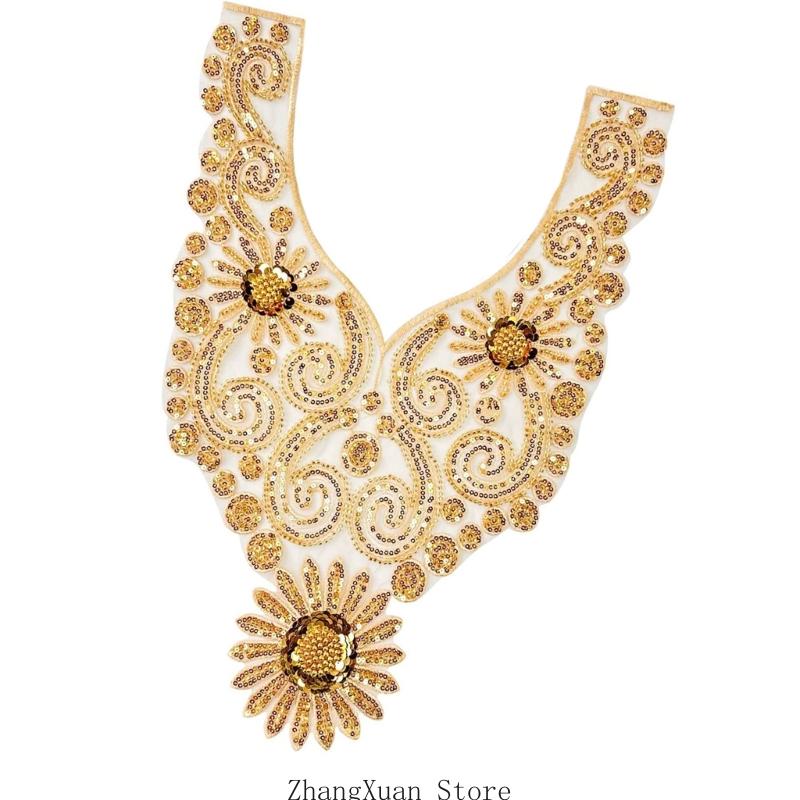 Aplikacja z haftowanych koralików na suknię ślubną, suknię wieczorową, naszywki do przyszycia na kołnierz, koralikowe cekiny, naszywki do przyszycia, aplikacja