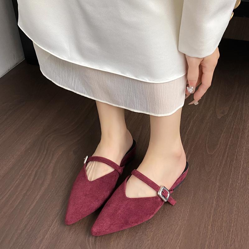 Baotou Slippers Autumn New Pointed Toe Shallow Mouth One Belt Soft Sole Non-slip Low-heeled Shoes