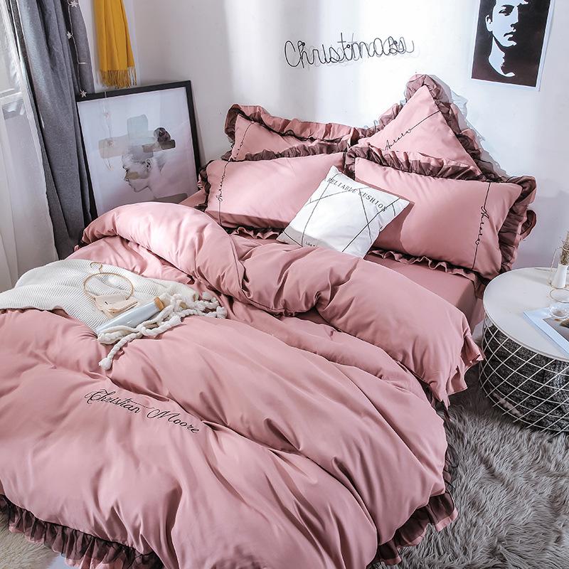 4 PCS Elegant Lace Cotton Bedding Set Bed Sheet Bed Cover Queen/king Size Solid Color Quilt Cover