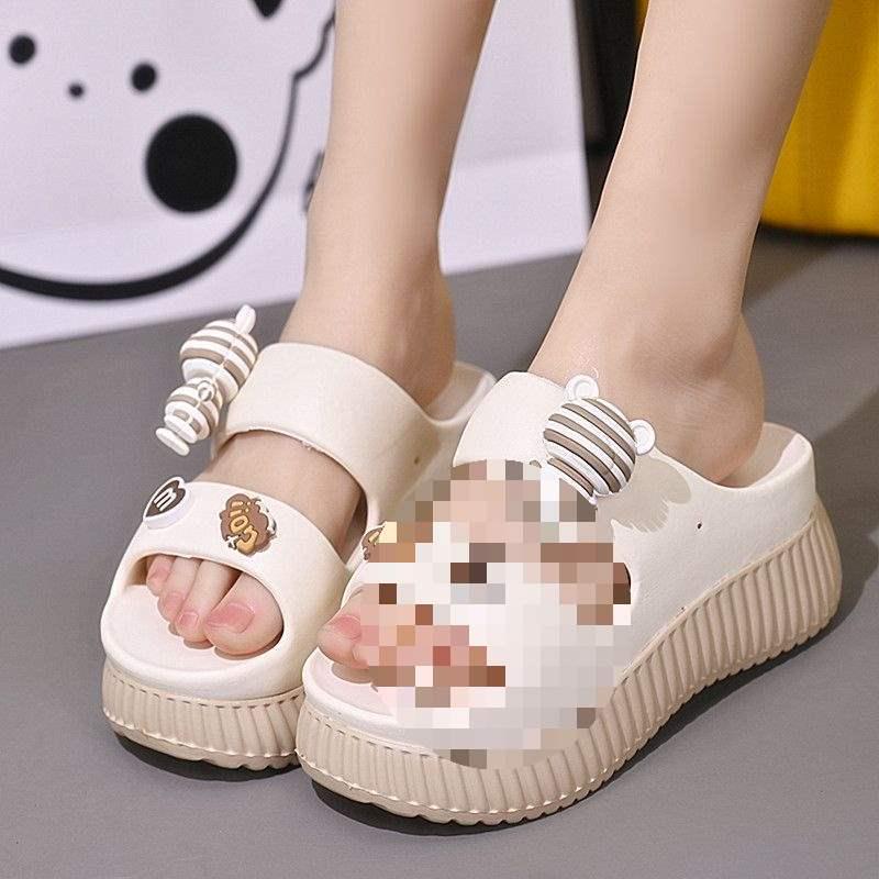 Women's Thick-Soled Cartoon Bear Slippers - Casual Home and Outdoor Summer Sandals, Height-Enhancing Design