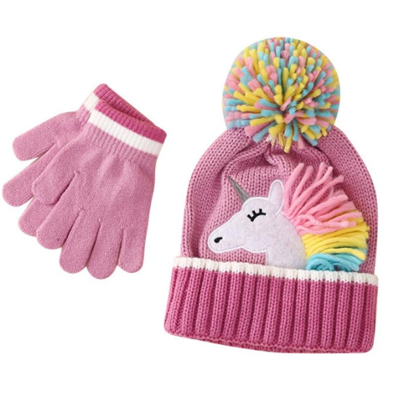 Kinder Mädchen Niedliche Einhorn Mütze Wintermütze und Handschuh Set Strickmütze Klappbare Fäustlinge Set für Kleinkind Kleine Mädchen Jungen