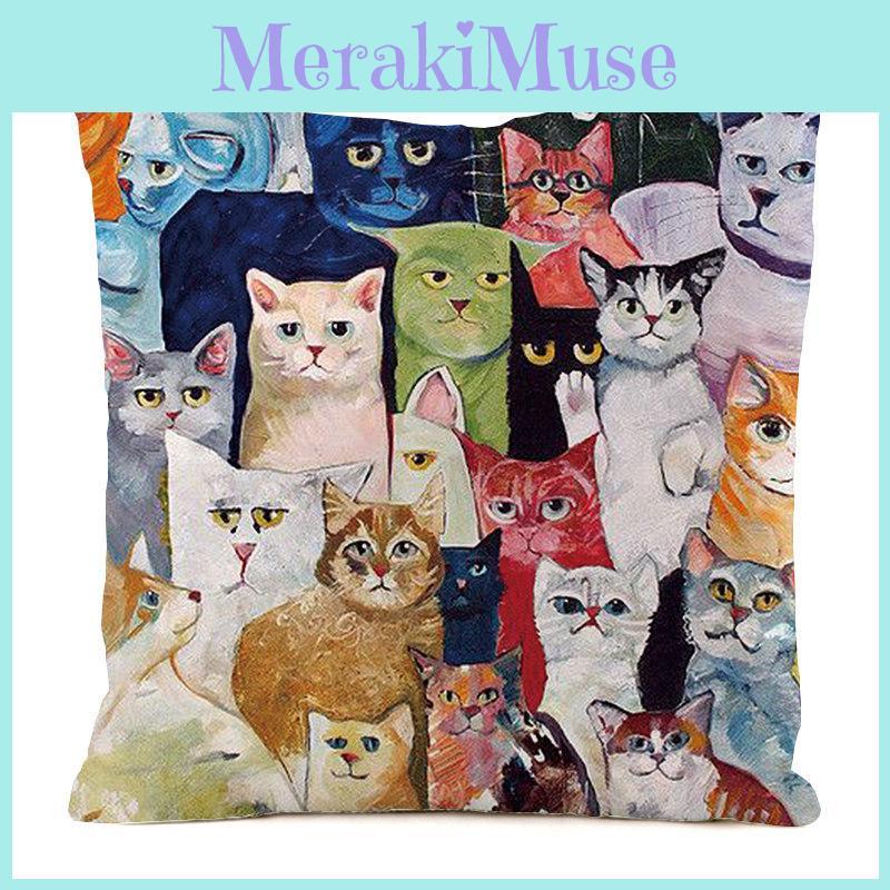 Cats Cozy Many Cushion Cover Plant Print Silk Material Bedside Decoration