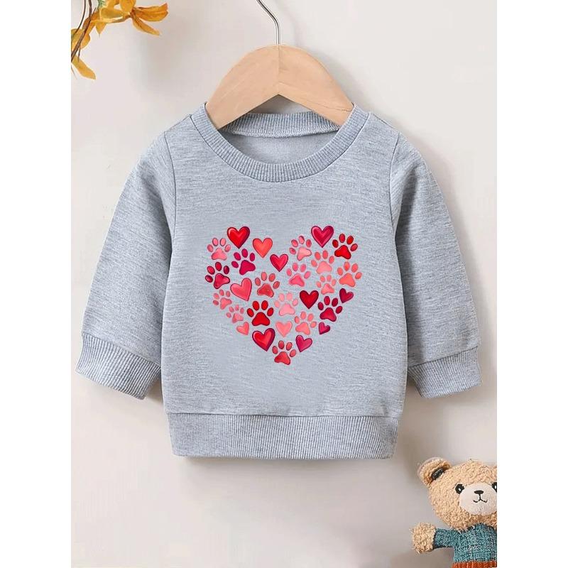 European Sizes Cute Heart Paw Print Pattern Kids' Spring Round Neck Sweatshirt 0-3 Years Comfortable Thin Design Suitable for Outdoor Wear