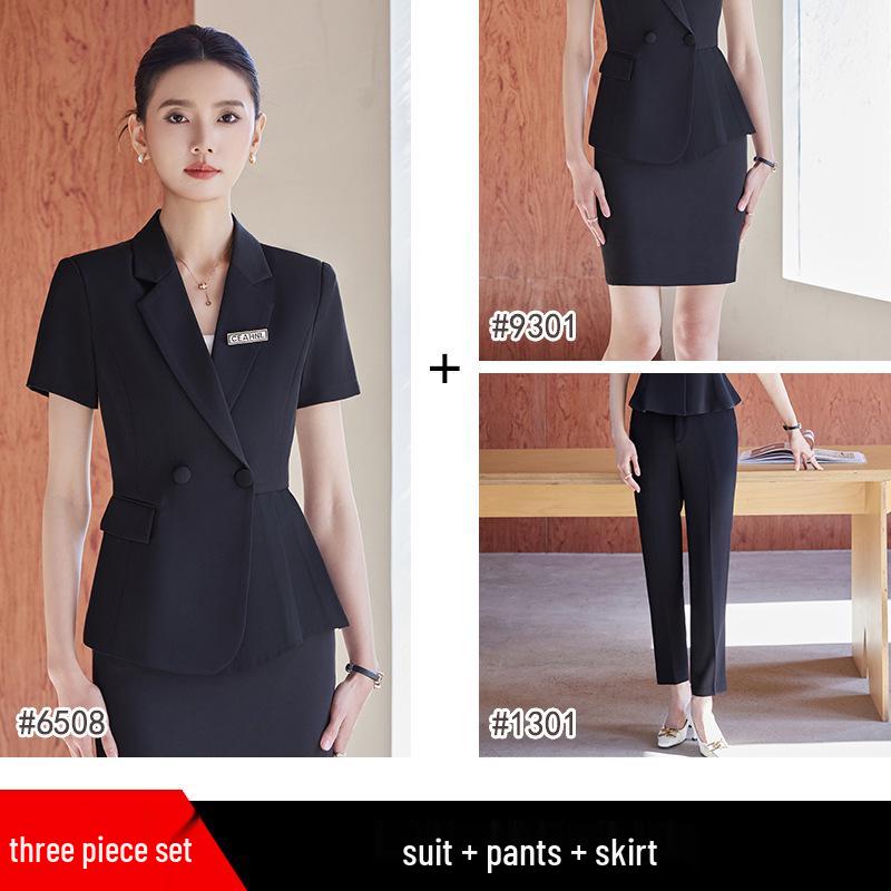 Women's Summer Short Sleeve Suit Set - Professional Skirt for Hotel Front Desk or Jewelry Store Workwear