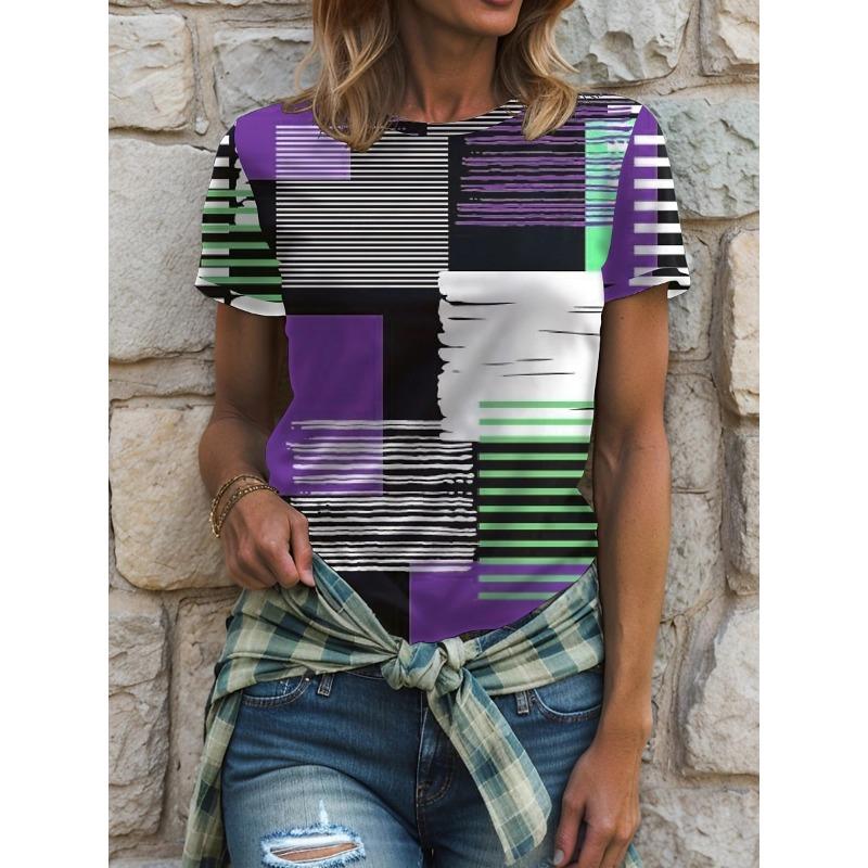 

Ladies Colorful Grid Print 3D T-shirt Round Neck Short Sleeved Soft Daily Top Comfortable Casual Shirt Fashiona Printed Design XS