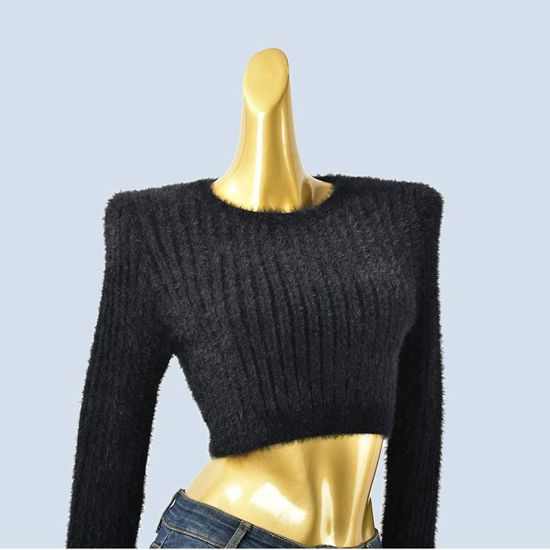 High Quality Thick Round Neck Ultra Short Long Sleeves Slim Fit Midriff-Baring Imitation Mink Knitting Bottoming Shirt Fall and Winter Women Pullover