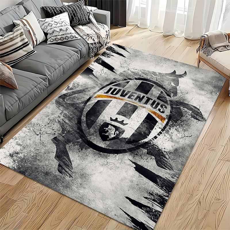 Football Club Area Rug, Juventus FC Black White Grunge Cracked Emblem Bull Print, Soccer Fan Room Decor, Non-Slip Mat