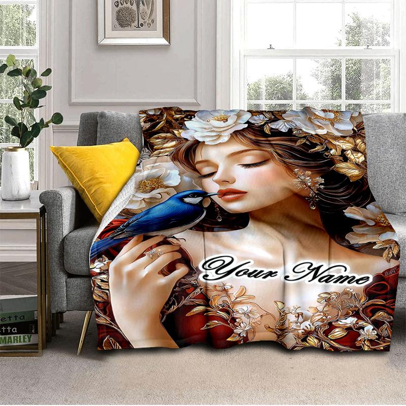 1PC Custom Name Floral Fantasy Bird Flannel Blanket Versatile,all-season Throw Suitable for the Living Room,bedroom,camping,travel,and Gift