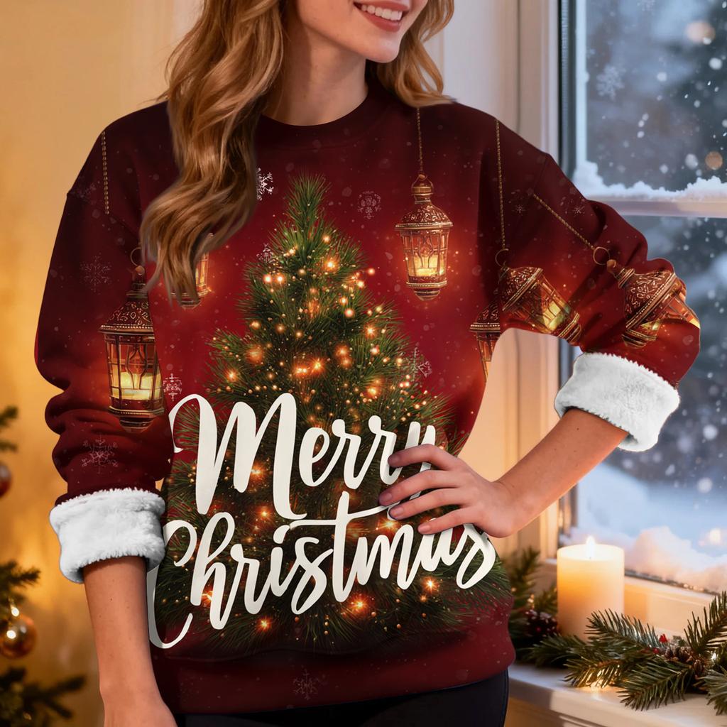 Women's Casual Fashion Round Neck Plus Velvet Thickened Christmas Print Sweatshirt