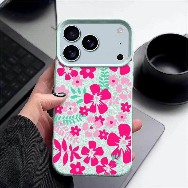 Vibrant Magenta Floral Design Flexible & Durable Shockproof Soft TPU Leather Texture Cover Case for iPhone 17 Pro Max Air 16e 16 15 14 13
