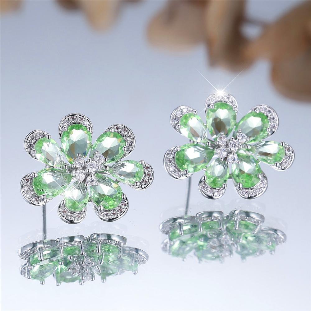Cute Female Green Zircon Flower Stud Earrings Silver Color Wedding For Women