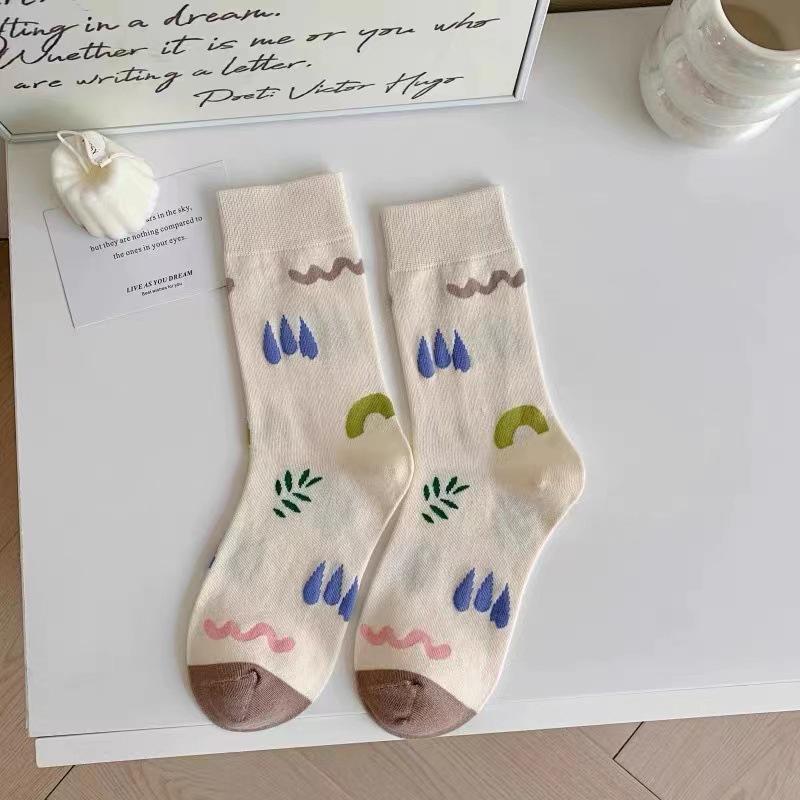 Cute Cartoon Print Women Cotton Socks Spring Autumn Soft Sweet Floral Middle Tube Sock JK Korean Harajuku Girls Socks Sokken