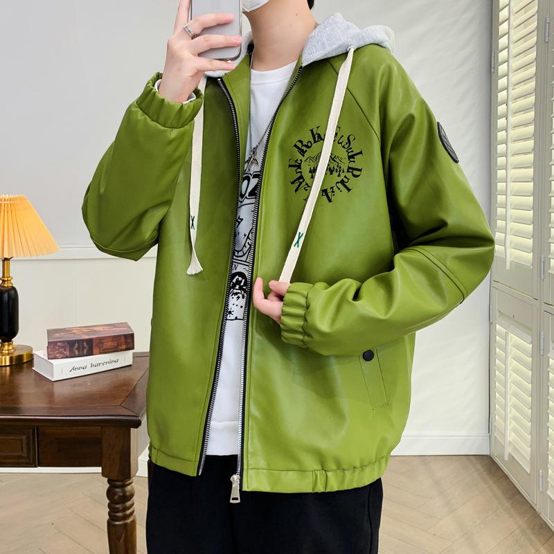 

Куртка из искусственной кожи, осенняя новая мужская трендовая универсальная свободная кожаная куртка с капюшоном M