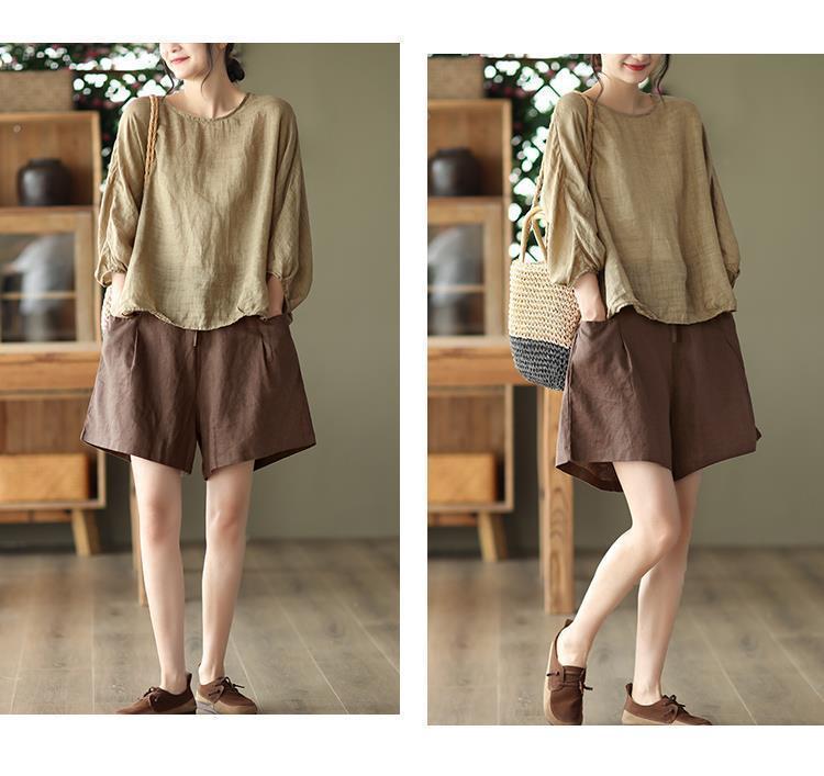 Spring/Summer 2026 Solid Color Seven-Sleeve Cotton Linen Top - Chic, Versatile, Age-Reducing Women's Fashion.