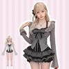 Ligwon Gothic Lolita Cosplay Long Sickly Top and Bottom Mini Cake Black and Korean Christmas Women's Set, Sleeve, Cute, Set, Skirt, Skirt, Stylish,