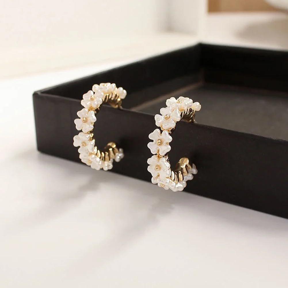 Latest Sweet Romantic Elegant White Flower Hoop Earrings | Stylish Shell Resin Delicate Pearl Flower Zircon Earrings | Trendy Versatile Jewellery