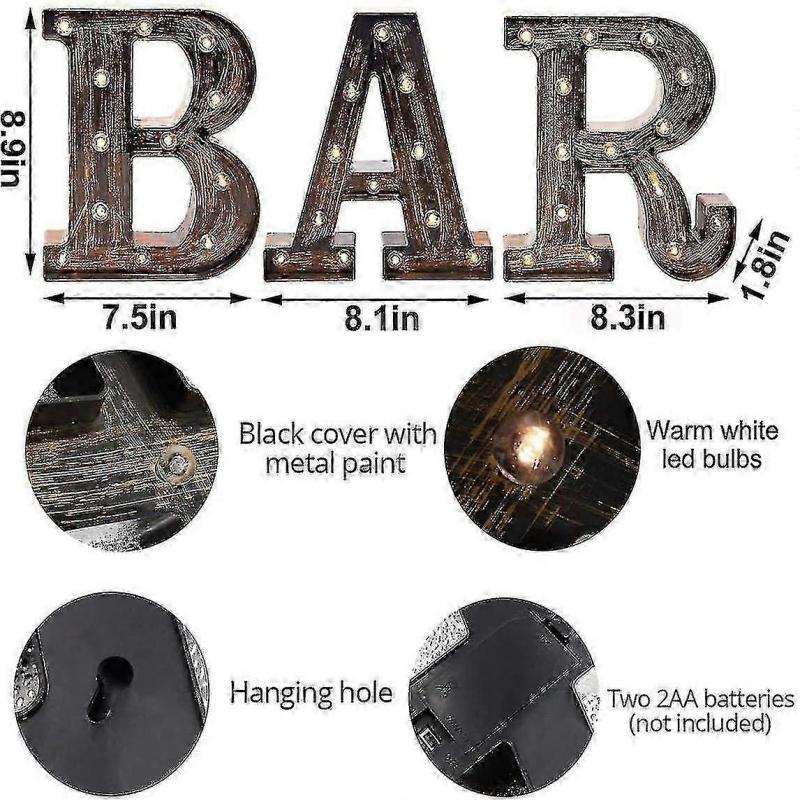 Vintage Industrial Bar Sign Decorative Led Illuminated Letter Lights Marquee Bar Signs - Black Light Up Letters Lighted Bar Decor (23.03-in X 8.66-in