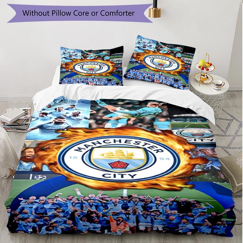 3pcs Duvet Cover Set (1*Duvet Cover + 2*Pillowcase, Without Core), Manchester City FC Print Soft All‑Season Bedding Set, Home Bedroom Decor Gift