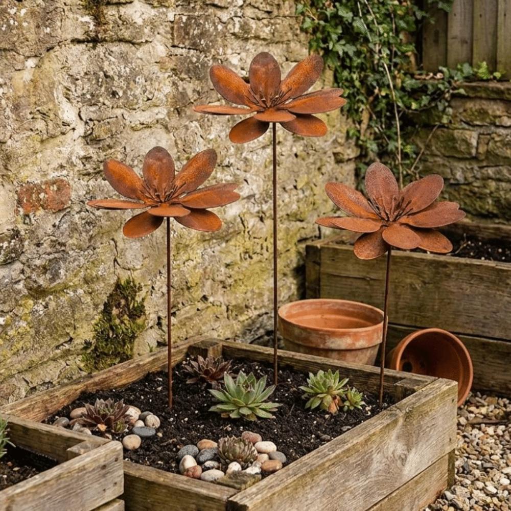 Vintage Metal Floral Stake Cast Iron Flower Yard Art Decor Rustic Plant Stakes Outdoor Use