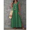 Summer Women's Elegant Long Dress, Sleeveless V Neck Side Slit Sundress, European American Style Casual Party Maxi Dress