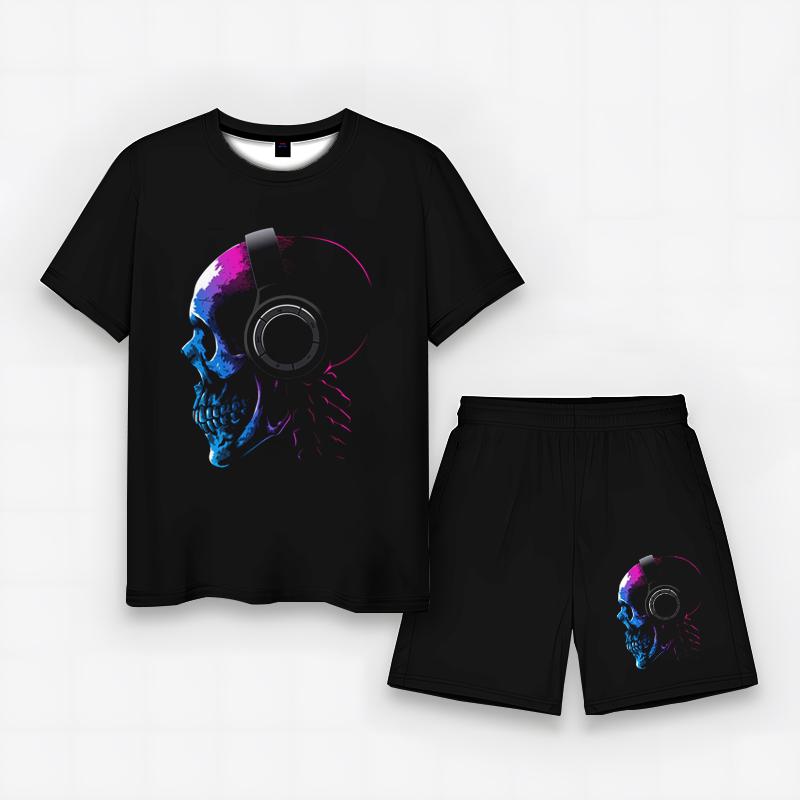 New Print T-shirt Hip-hop Rock Cartoon Pattern Street Fashion Summer Casual  Round Neck Half Sleeve Tshirt And Shorts Set
