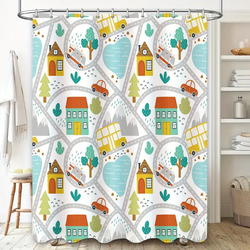 Kids Bathroom Shower Curtain Waterproof Cartoon Cars House Design Decoration Home Decor Watermelon Fruit Blue Green Yellow Orang