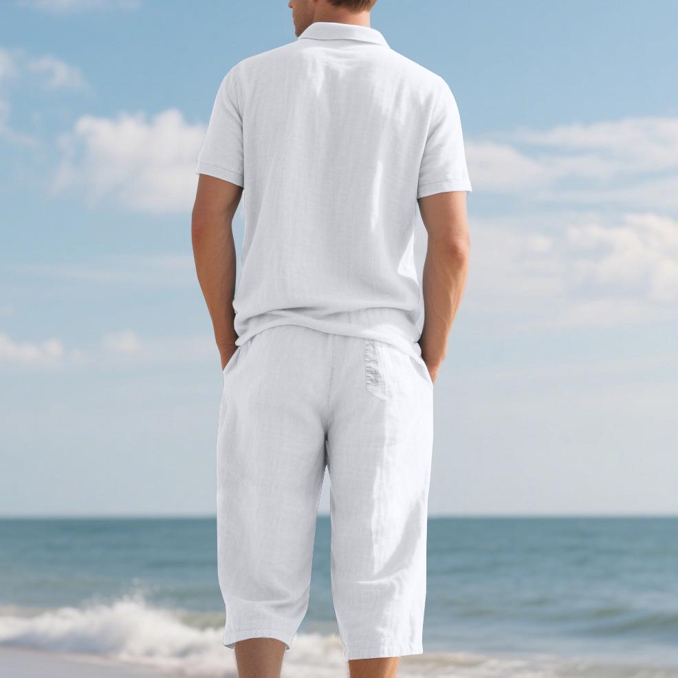Men's Breathable Linen Polo Shirt & Three-Quarter Beach Pants Set