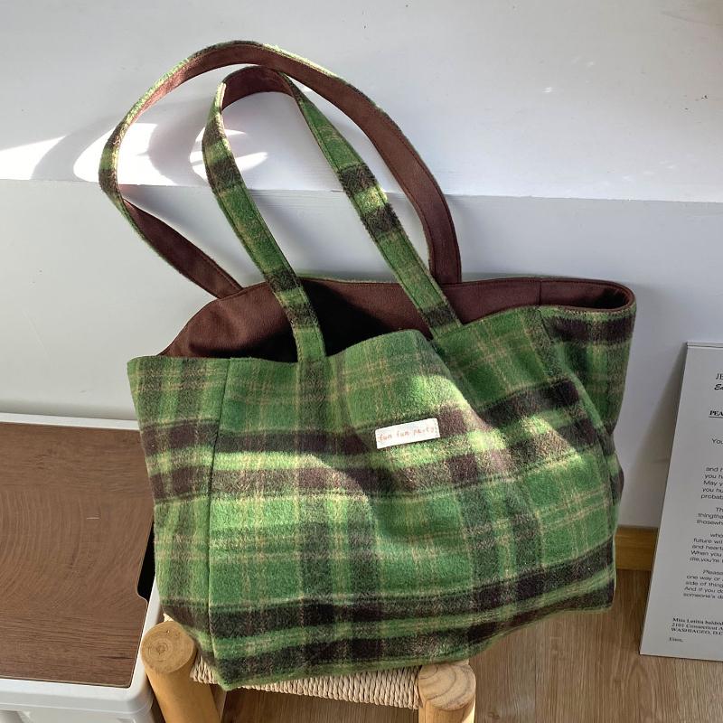Autumn Plaid Women Double-Sided Woolen Shoulder Bags Large Capacity Ladies Suede Casual Tote Letter College Style Girls Handbags