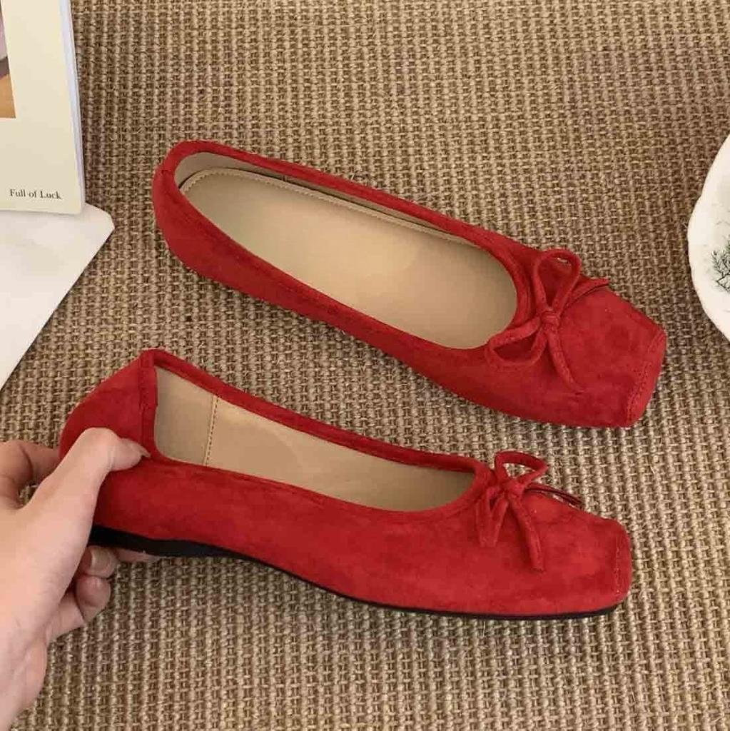 Flat red single shoes female French gentle fairy ballet style beanie shoes inner height increase yellow ladyshoes