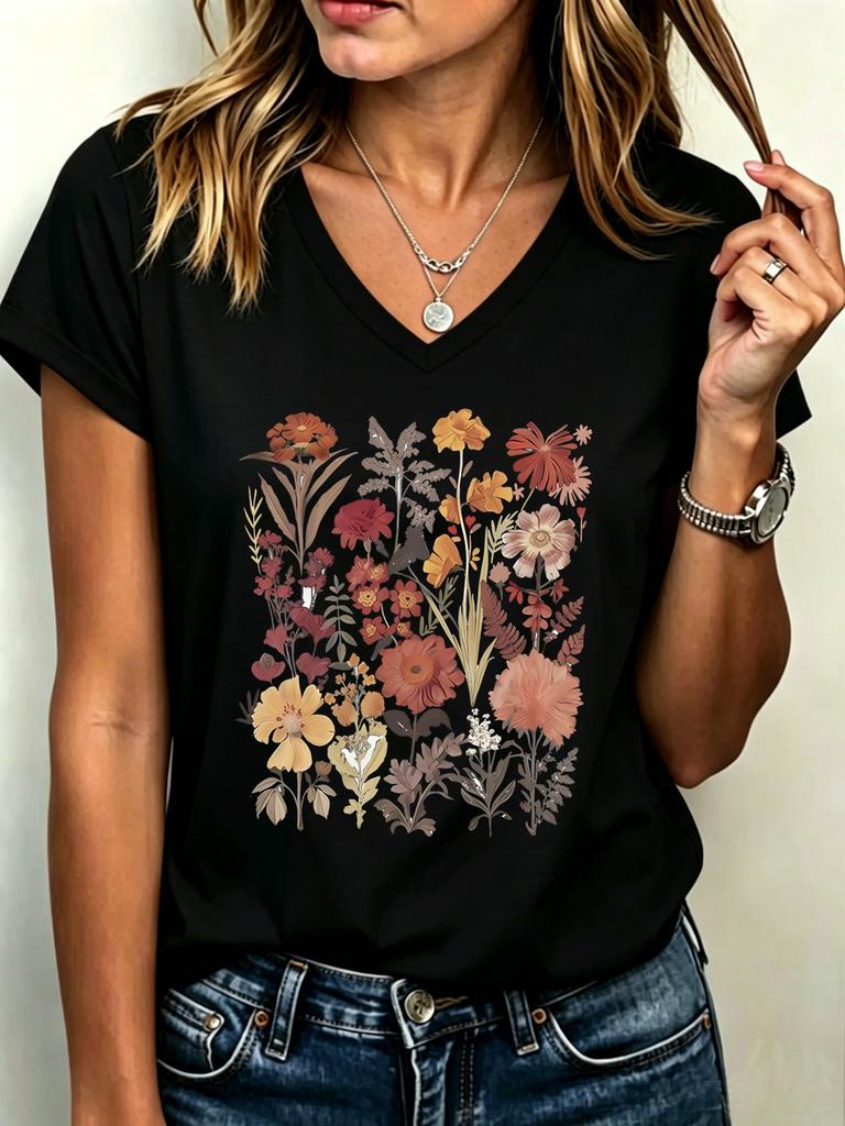 Flower V-Neck Y2k T-Shirt Female V Neck T Shirts Egirl Korean Fashion Graphic Tees Tops Women Clothing Natureinspired Design