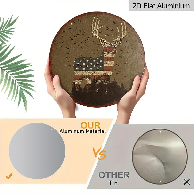 2D Flat, 1pc Round American Flag Deer Aluminum Hanging Sign, Vintage Patriotic Buck Hunting Design, Rustic Metal Wall Decor, Perfect for 4th of July