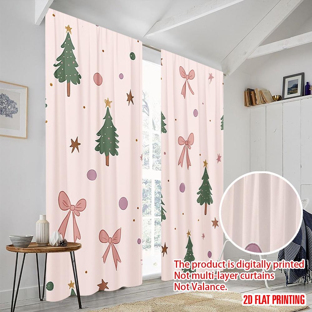2pcs,2D Plane Printing Popular Curtains Christmas Trees Bows Ornaments Stars (3) Polyester Easy Install (without Rod) Festive