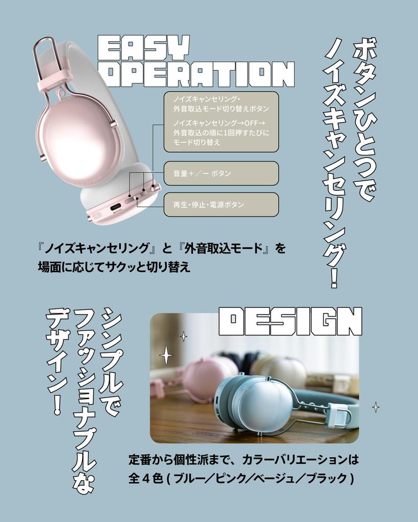 AVIOT Wireless Headphones 55 Hours of Continuous Lightweight Compact Connection WA-Q1 Noise-Canceling On-Ear, Playback, Fast-Charging Drivers,