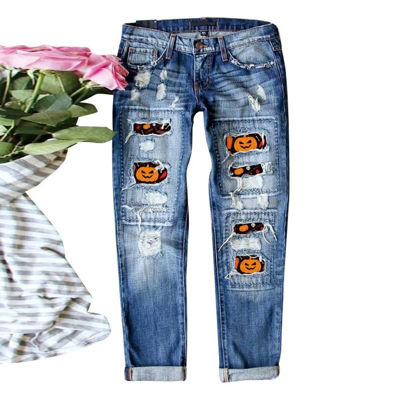 Hipster Halloween Pumpkin Funny Ripped Printed Jeans Women's Mid-Waist Straight Pants