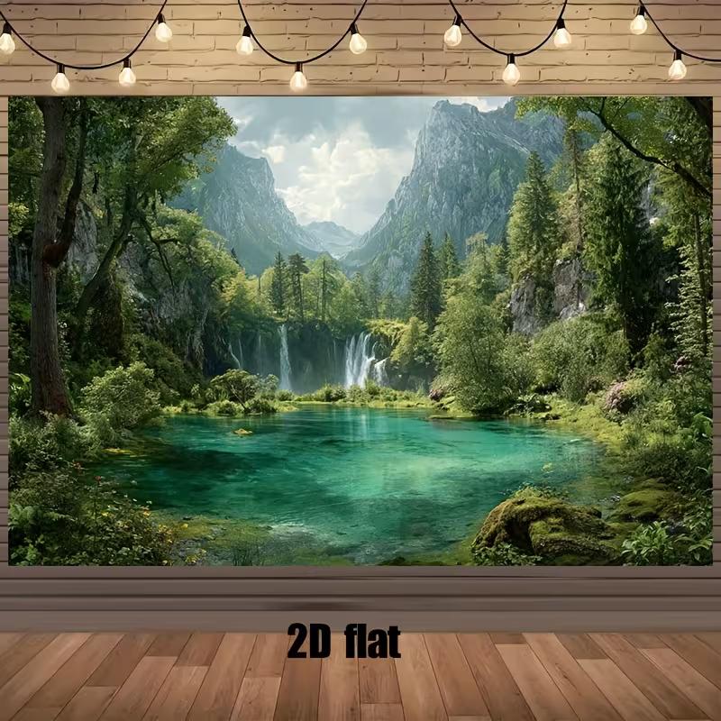 2D Majestic Mountain Lake with Waterfall Scenery Tapestry 47.2x31.5inch/120*80cm