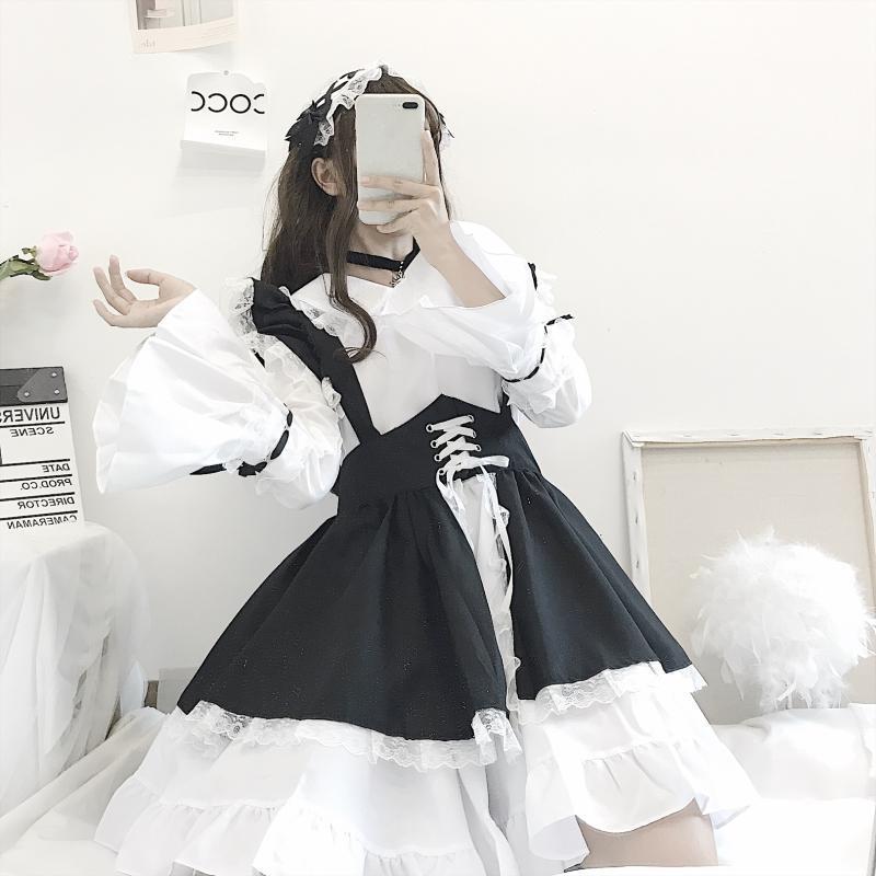 S-XL fofo traje de empregada lolita preto e branco com vestido de menina lolita terno de chefe para senhoras