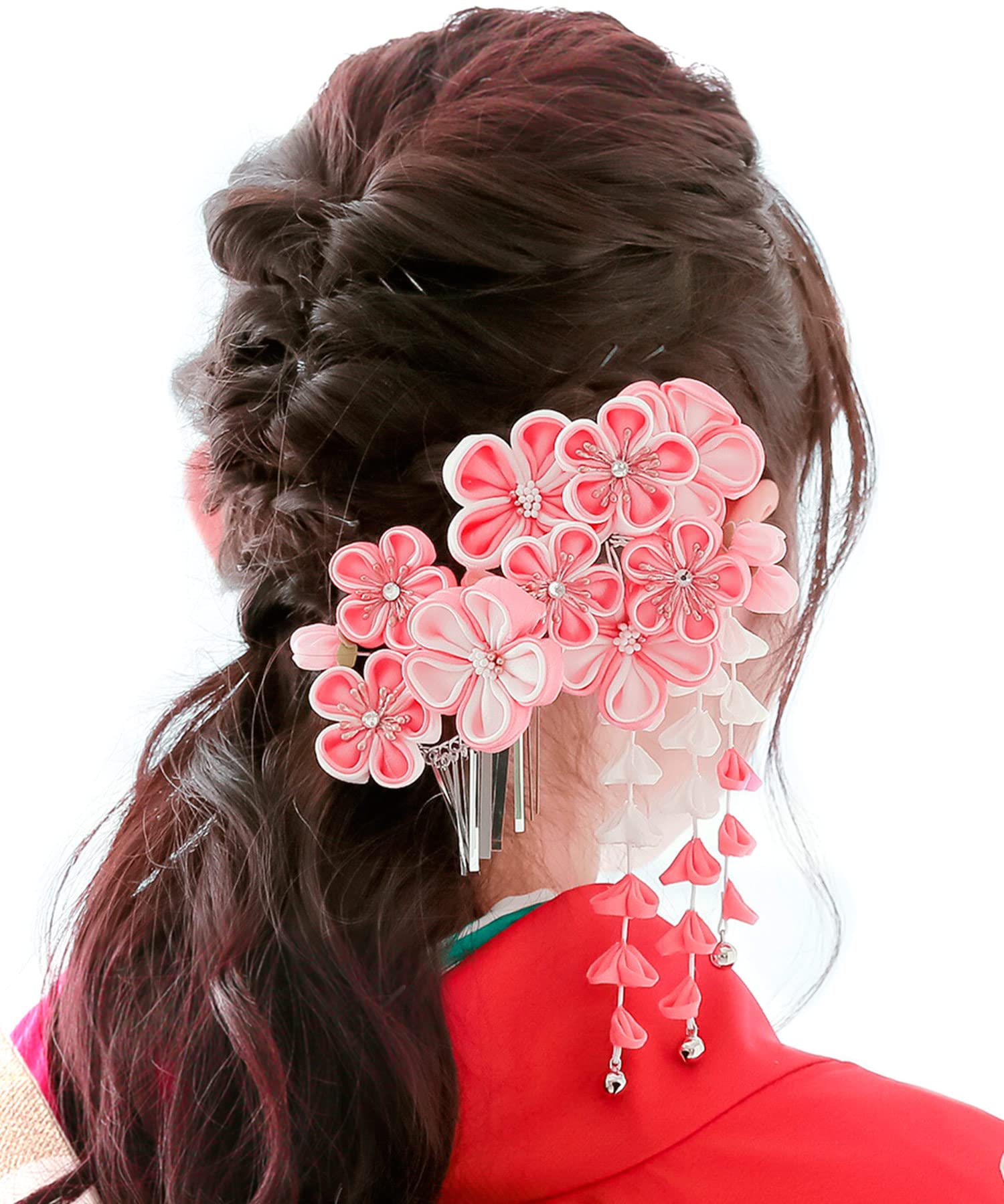 

SOUBIEN Hair Ornament Set for Ceremonies and Kanzashi Hairpin Set in Pink and White with Plum and Wisteria Flower Rhinestone Perfect for Graduations