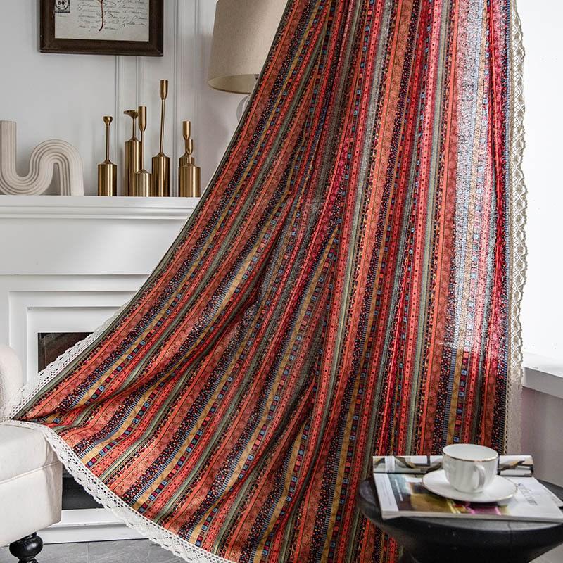 American Bohemian Style Red Gilding Stripe Cotton Linen Printing Semi Transparent Living Room Blackout Home Window Curtain