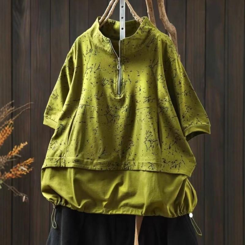 Johnature Women Vintage Print Floral T-Shirts Turtleneck Short Sleeve Patchwork Summer Zipper Casual T-Shirts