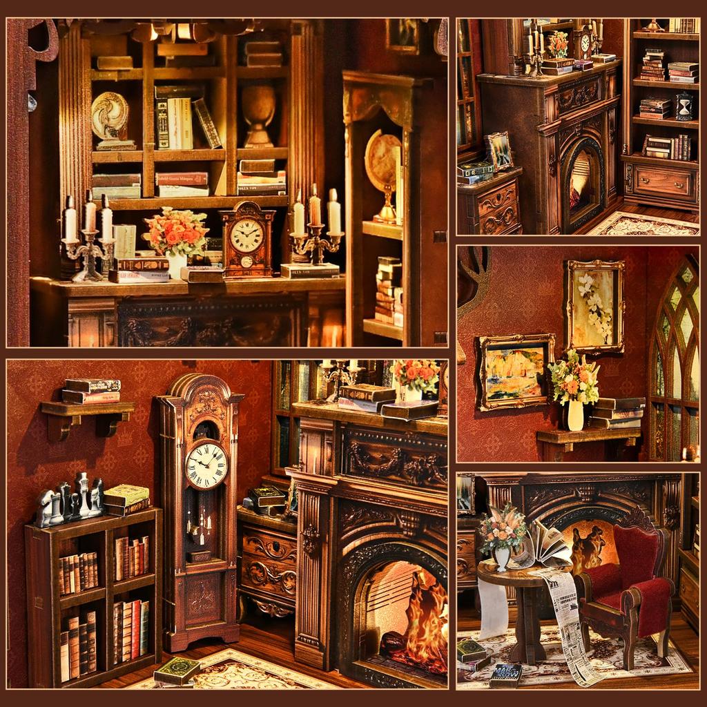 CRESYMME Miniature House Dollhouse Book Nook Kit Wooden DIY 3D Hobby Handmade (Lamped Study)