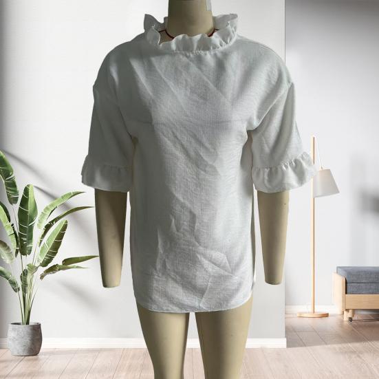 Damen Oberteile Einfarbige Lockere Passform Sommerbluse Rundhalsausschnitt Kurze Ärmel Rüschen-Patchwork-Design Pullover Oberteile Tägliche Kleidung