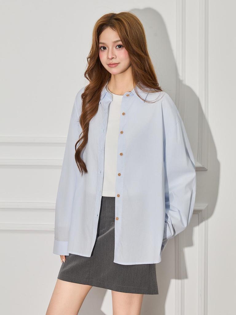 Women's Light Blue Korean Style Polo Collar Shirt Jacket - Spring Design, Loose Fit, Casual Long Sleeve Top