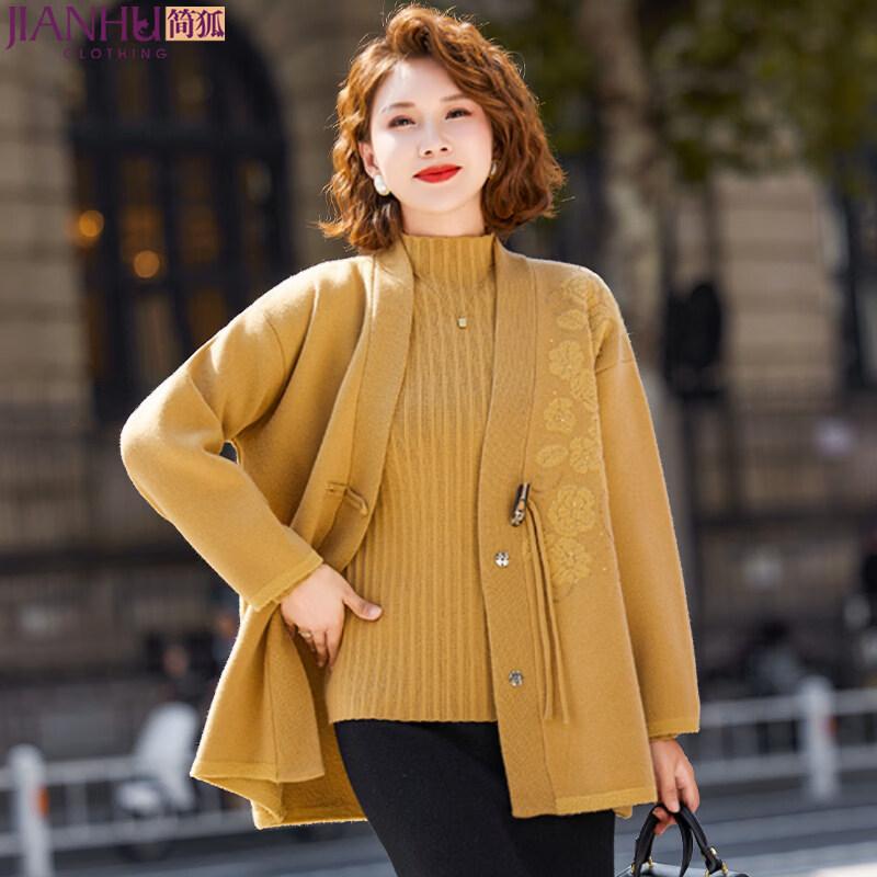 Women s Mid-Aged Spring Knitted Cardigan Jacket 3XL