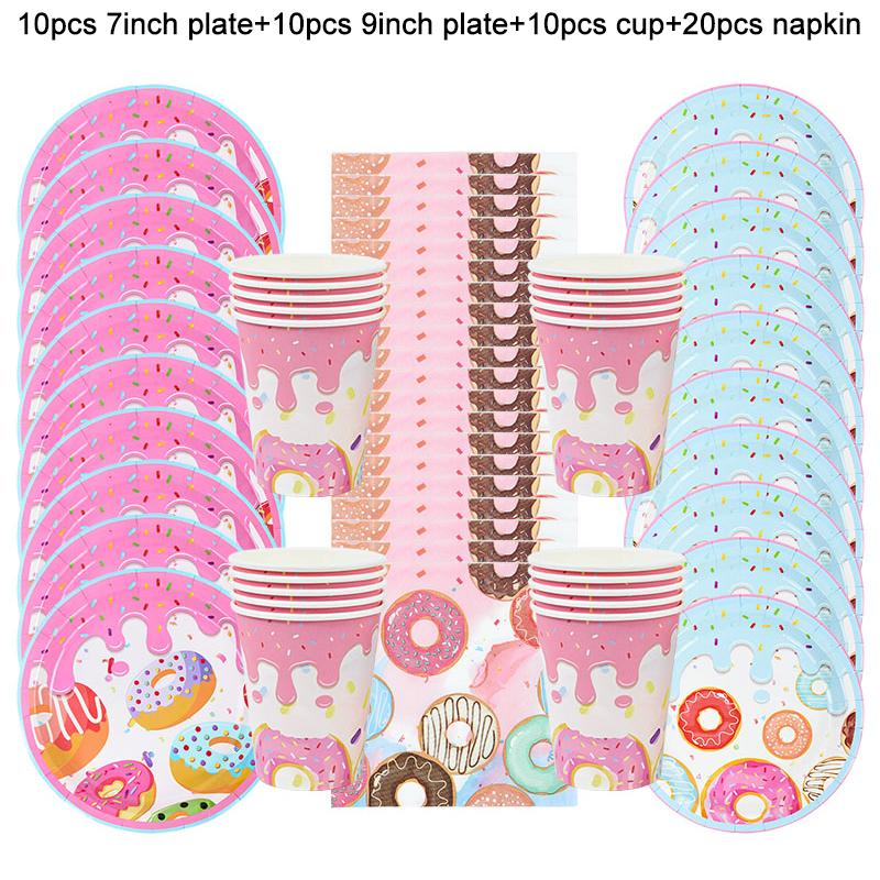Donut Party Disposable Tableware Set Paper Plate Cup Tablecloth Kids Girls 1st Birthday Party Decoration Supplies Baby Shower