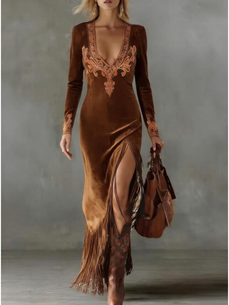 2025 Vintage Bohemian Tassel Floral V-neck Dress for Women – Spring/Autumn