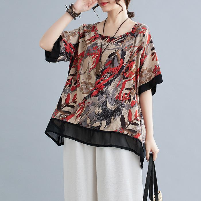 Bumbac și In Mărimi Mari Femei Vară Stil Nou Imprimeu Literar Larg Acoperire Carne Casual Versatil Gât Rotund Mânecă Scurtă Tricou Top