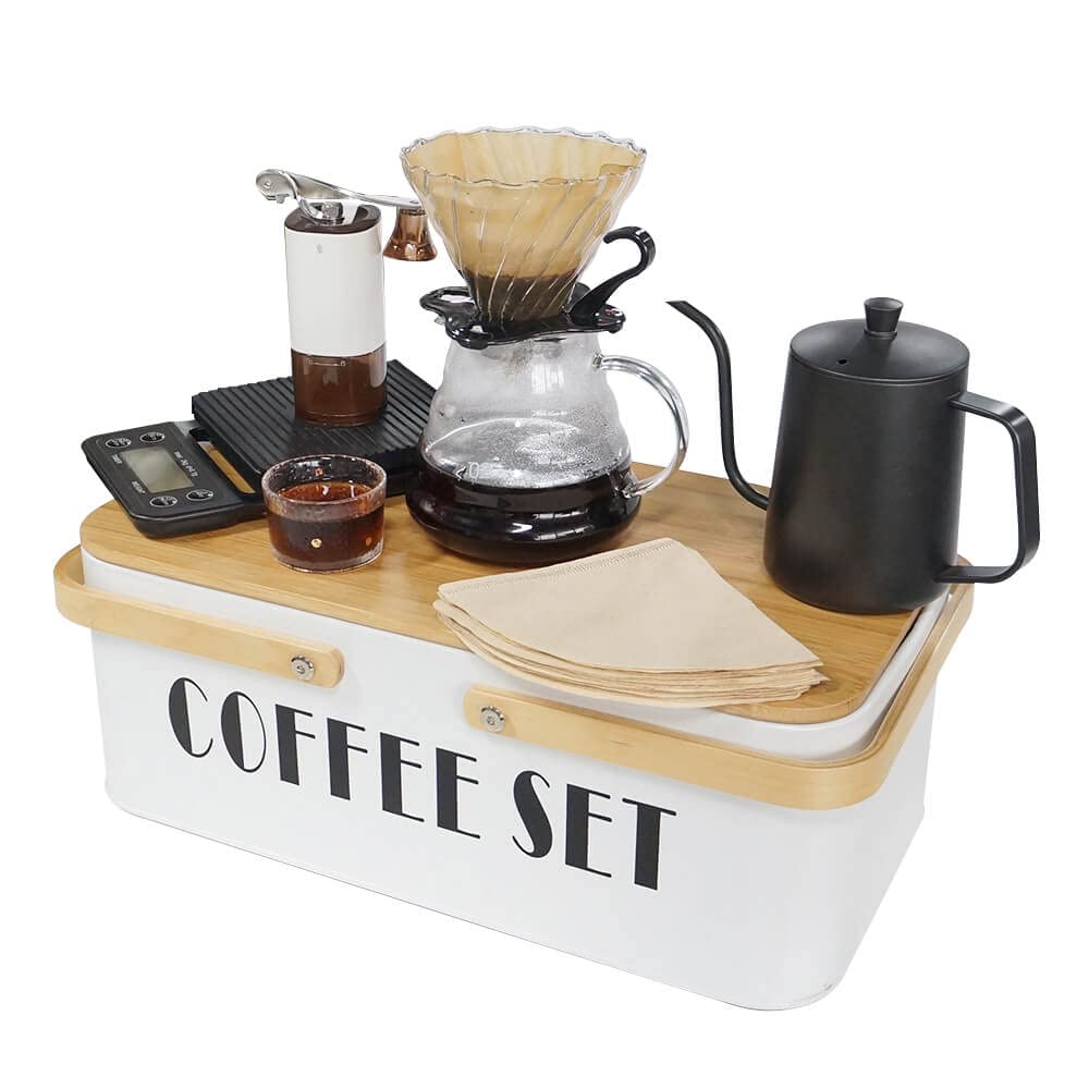 

SOTECH Camping Coffee Set with Manual Black Coffee Dripper Glass Coffee Filters and and Box Grinder, Kettle, Pot, Server, Paper, (White)