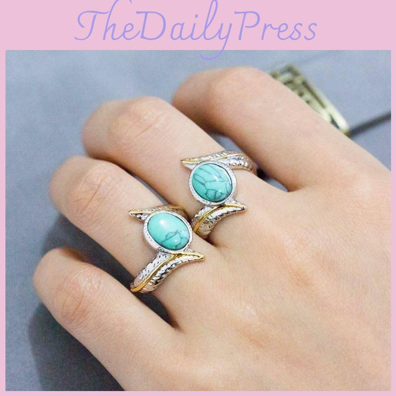 Silver Alloy Feather Ring With Turquoise Inlay For Women Stylish Hand Accessory