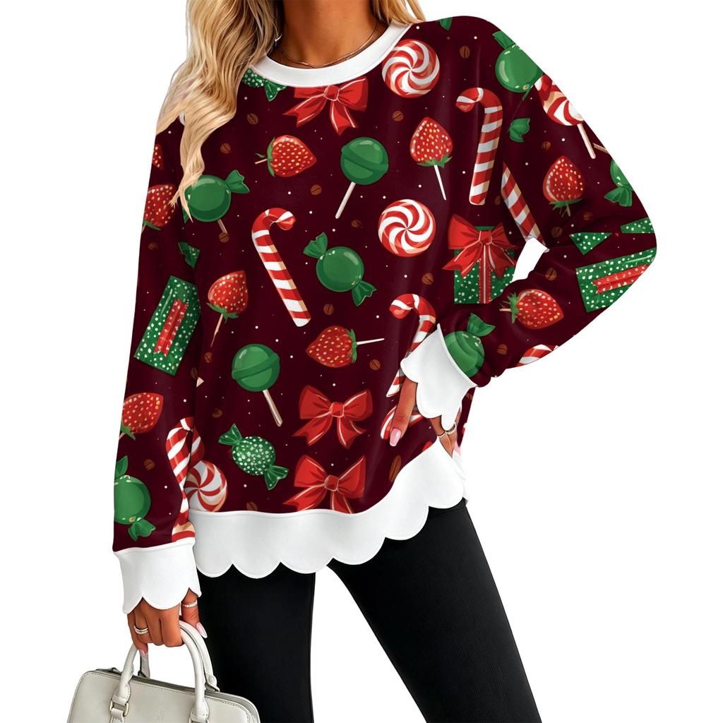 Women's Christmas Print Crewneck Sweatshirt with Scalloped Wavy Hem for Holiday Casual Wear